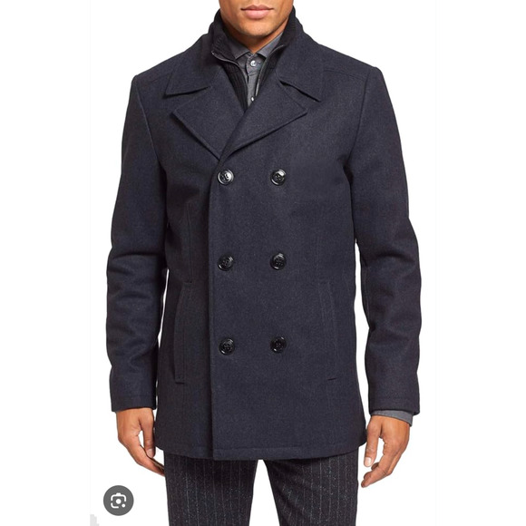 Kenneth Cole Peacoat Mens M Gray Wool Double Breasted Old Money Career Work - Picture 1 of 10